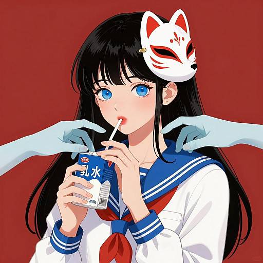 Anime Girl with Fox Mask Drinking Milk