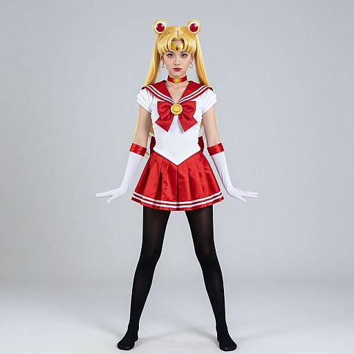 Photograph of a blonde woman in a Sailor Moon cosplay outfit, wearing a red and white dress, black tights, white gloves, and double-b