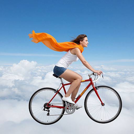Photograph of a woman with brown hair, wearing a white tank top, denim shorts, white sneakers, and an orange scarf, riding a red bicycle
