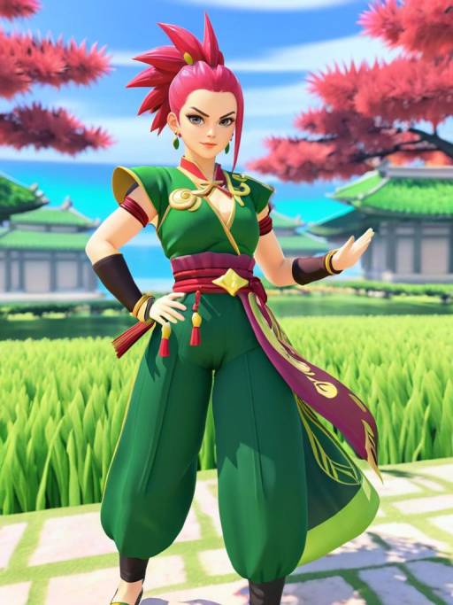 Animated Asian Warrior Woman in Green Costume