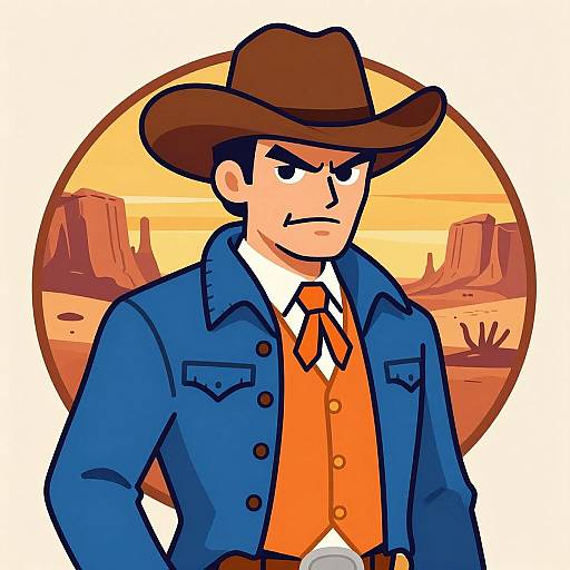 Cartoon-style drawing of a stern cowboy in blue jacket, orange vest, and brown hat, set against a desert sunset background.