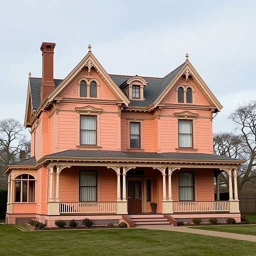 Photograph of a Victorian-style, two-story house with pink wooden siding, ornate trim, black shingle roof, and a wrap-around porch.