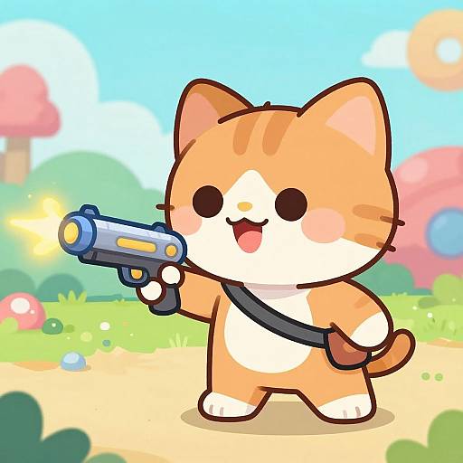 Cute cartoon orange tabby cat with black strap, holding blue and yellow water gun, smiling, standing in colorful, sunny outdoor background.