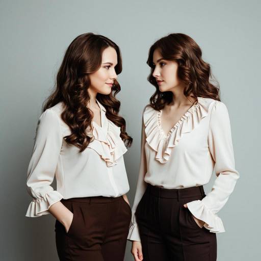 Two women in elegant daywear with ruffled blouses