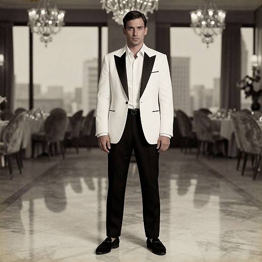 Photograph of a serious, dark-haired man in a white tuxedo with black lapels, black pants, and black shoes, standing in an
