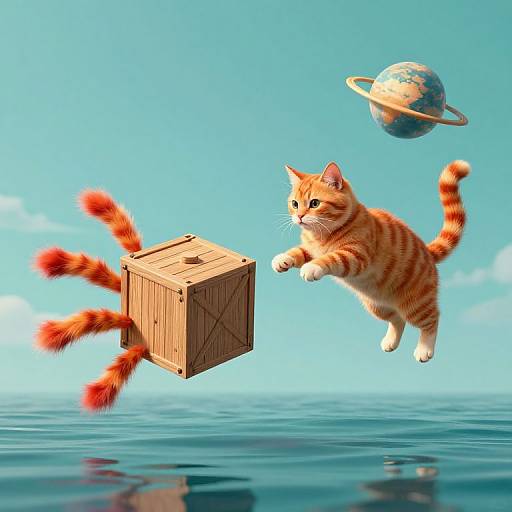 CGI image of an orange tabby kitten mid-jump, chasing a floating wooden crate with six orange-and-white striped tails, near a planet with