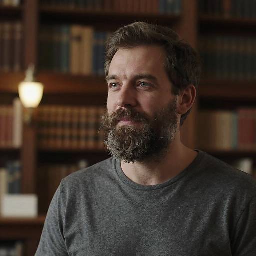 Man with Salt and Pepper Beard in Historic Library