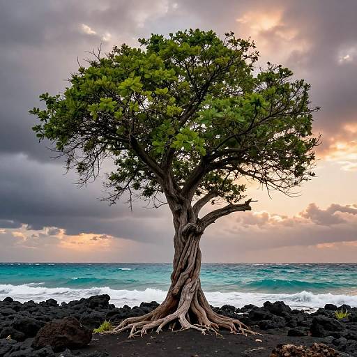Photograph of a solitary, twisted tree with green leaves standing on dark volcanic rocks against a dramatic ocean sunset sky.