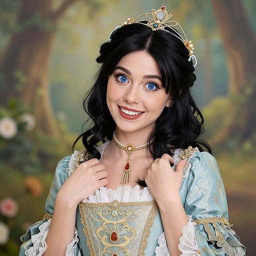 Photograph of a smiling young woman with blue eyes, black wavy hair, wearing a gold tiara, blue and gold ornate dress, and