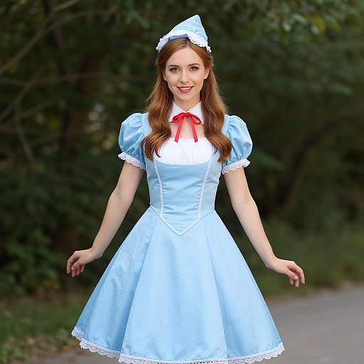 Photograph of a smiling young woman with fair skin and red hair, wearing a light blue Alice in Wonderland-style dress with white lace trim, red bow