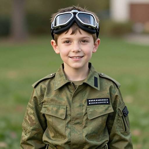 Photograph of a young boy with short brown hair, wearing camouflage military-style uniform and aviator goggles, smiling outdoors on a grassy field.