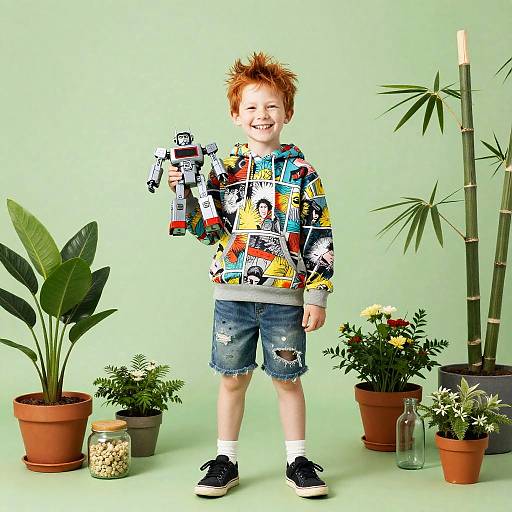 Young Boy with Toy Robot in Garden
