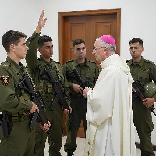 Catholic Priest Confronting Armed Soldiers Indoors