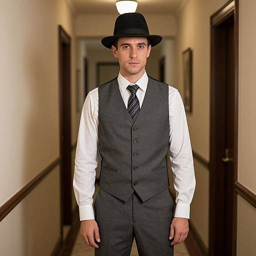 Photograph of a white man in a black hat, white shirt, and gray vest with striped tie, standing in a dimly lit hallway.