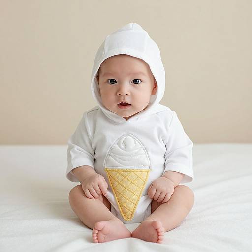 Photograph of a baby with fair skin, sitting on a white surface, wearing a white hooded onesie with an ice cream cone design, against