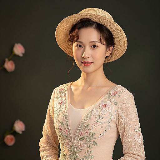 Photograph of an Asian woman with fair skin, wearing a beige lace dress with floral embroidery, and a straw hat, against a dark background with blurred