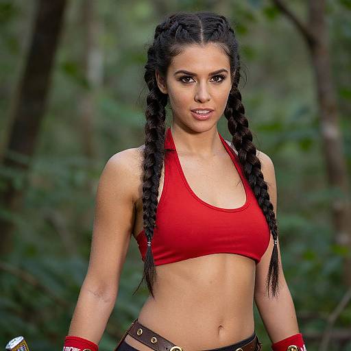 Photograph of a fit woman with long black braided hair, wearing a red sports bra, and forest background, looking confident.