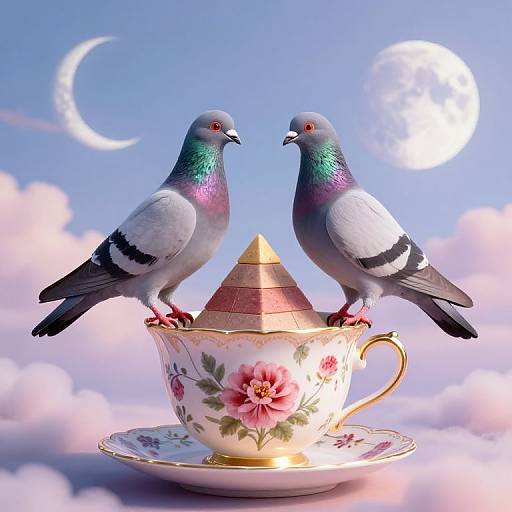 Whimsical Pigeons on Floral Teacup