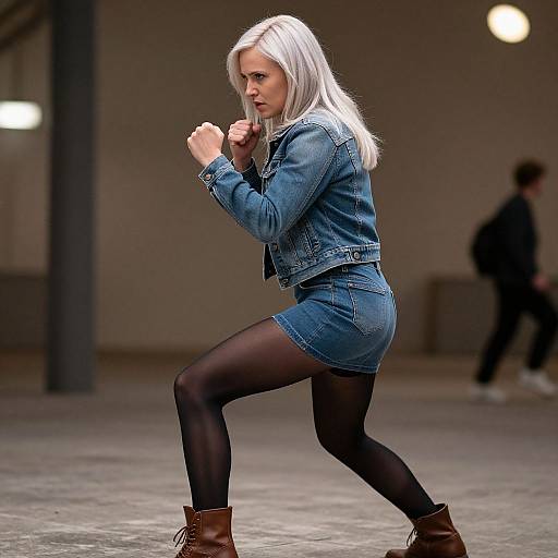 Photograph of a determined white woman with long platinum blonde hair, wearing a denim jacket, mini skirt, black tights, and brown boots, boxing