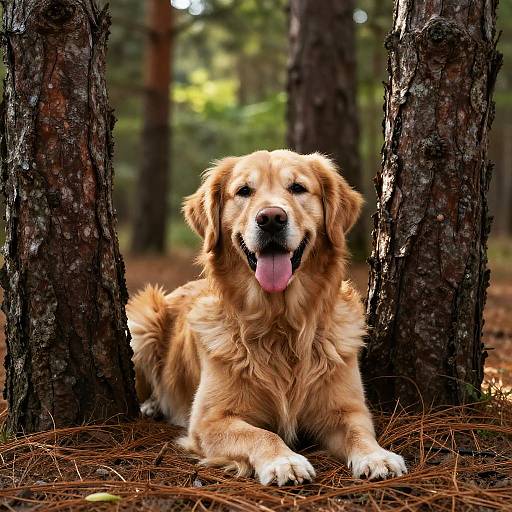 Golden Retriever Relaxing in Pine Forest