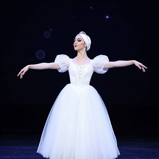 Photograph of a ballet dancer in a white, puffy-sleeved ballerina dress, white headband, and tiara, poised with