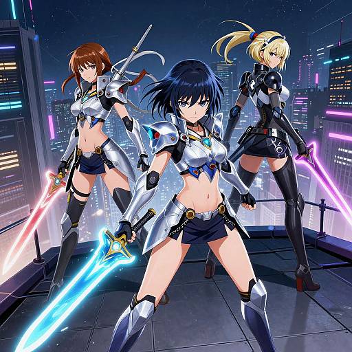 Digital anime artwork of three female warriors with glowing swords, in futuristic armor, standing on a neon-lit rooftop at night.