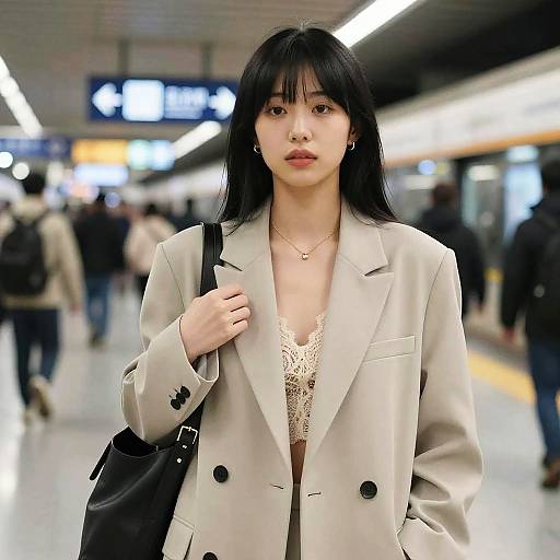 Fashionable Woman in Oversized Blazer at Train Station