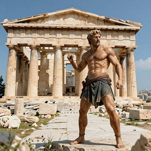Photorealistic CGI of a muscular, bearded Greek warrior with a black loincloth, standing confidently before an ancient ruined temple on a bright,