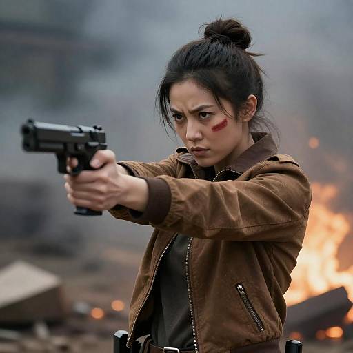 Determined Woman Aiming in Chaos