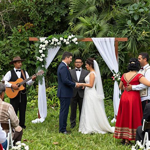 Outdoor wedding ceremony: Bride in white lace dress, groom in black suit, surrounded by guests, musician, and floral arch in lush greenery.