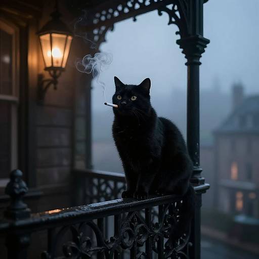 Photograph of a black cat with glowing eyes, smoking a pipe, on a foggy, Victorian-style balcony with lit lantern.