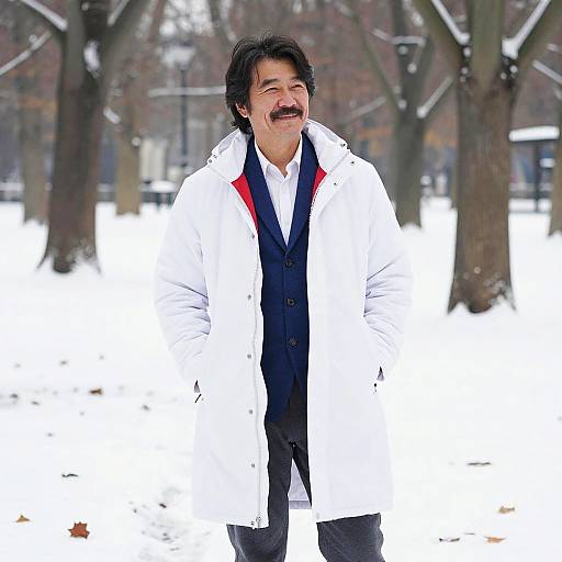 Photograph of a smiling man with black hair and mustache, wearing a white coat with red lining, black vest, and white shirt, standing in