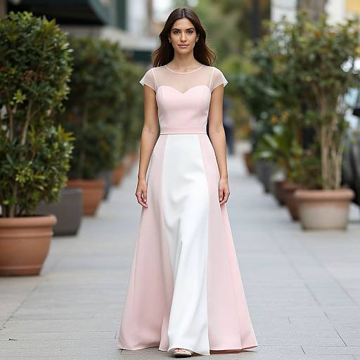 Photograph of a slender woman with long dark hair in a pale pink, floor-length, sheer-sleeved gown, walking down a sunlit,