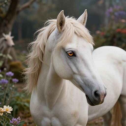 Photograph of a white horse with a flowing blonde mane, bright amber eyes, standing in a lush garden with purple and yellow flowers in the background.