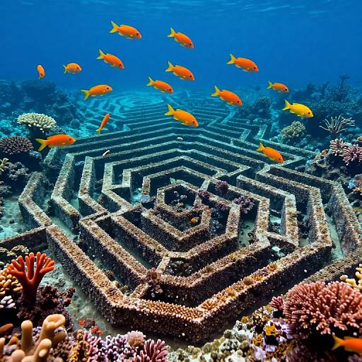 Vibrant Fish Above Geometric Coral Labyrinth