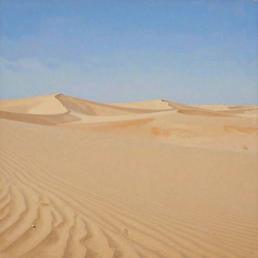 Photograph of a vast, sandy desert with rippled dunes under a clear, bright blue sky, highlighting the golden, sunlit texture of the