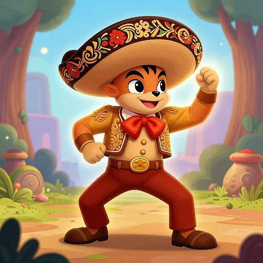 Cartoon fox in vibrant Mexican outfit with ornate hat, red bowtie, and brown pants, flexing in sunny, colorful forest path.