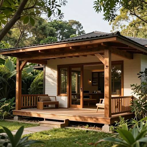 Photograph of a cozy wooden cabin with a covered porch, surrounded by lush greenery and sunlight filtering through trees.
