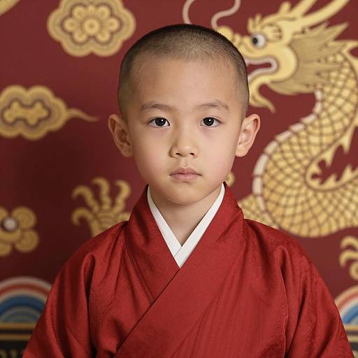 Young Asian Boy in Red Robe with Dragon Background