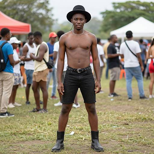 Photograph of a shirtless Black man wearing black shorts, boots, and a hat, standing confidently in a grassy outdoor event with blurred, casually