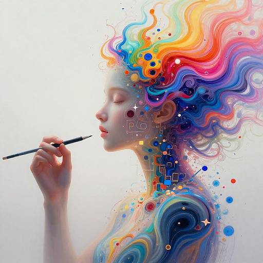 Digital artwork of a pale-skinned woman with closed eyes, holding a paintbrush, surrounded by vibrant, swirling, multicolored waves and dots.