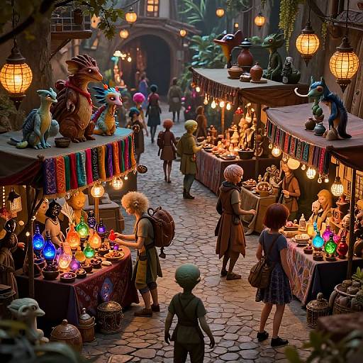 Whimsical, colorful market scene in CGI, featuring fantasy creatures, glowing lanterns, and children browsing vibrant stalls with eclectic trinkets.