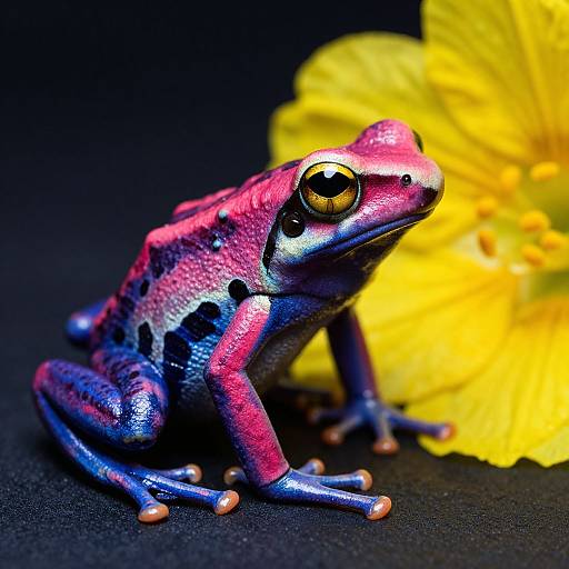 Photograph of a vividly colored, iridescent red and blue frog with large, reflective yellow eyes, sitting on a black surface next to a