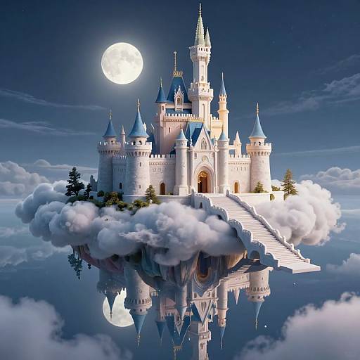Fantastical CGI castle floating on a cloud, illuminated by a full moon, with a reflective surface in a starry night sky.