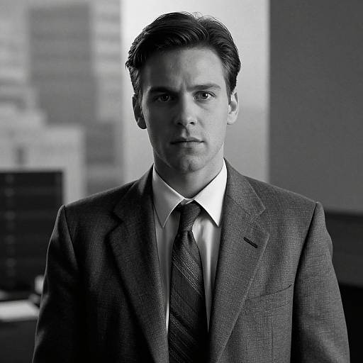 Black-and-white photograph of a serious, handsome man with dark hair, wearing a textured suit, white shirt, and tie, standing in a blurred office