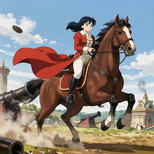 Anime-style digital artwork of a young woman with black hair in a red coat and white pants, riding a galloping brown horse, with cannons and
