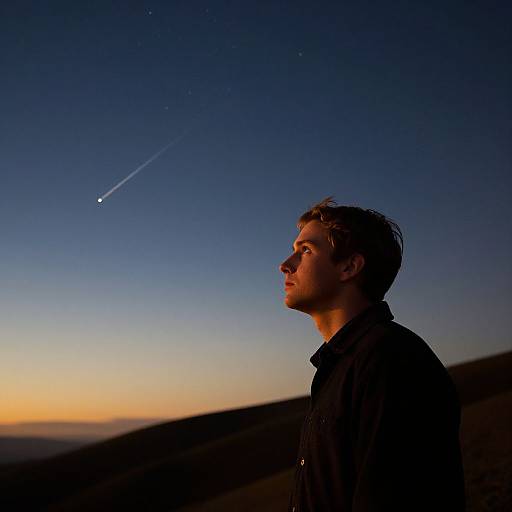 Photograph of a young man with short dark hair, wearing a black shirt, gazing at a shooting star in a twilight sky.