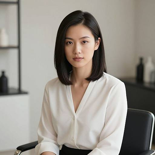 Photograph of an East Asian woman with straight black hair, wearing a white button-up shirt, sitting in a modern, minimalist room.