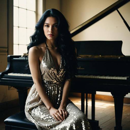 Elegant Woman in Sequined Dress by Piano