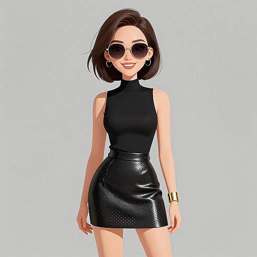 Digital illustration of a smiling woman with short brown hair, wearing black sleeveless turtleneck, black leather skirt, large round sunglasses, gold hoop earrings